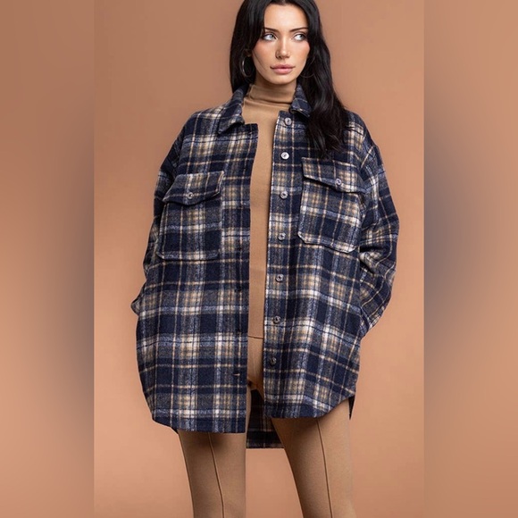 No Vacancy Tops - NWOT No Vacancy Brushed Wool Plaid Shacket - Navy and Tan